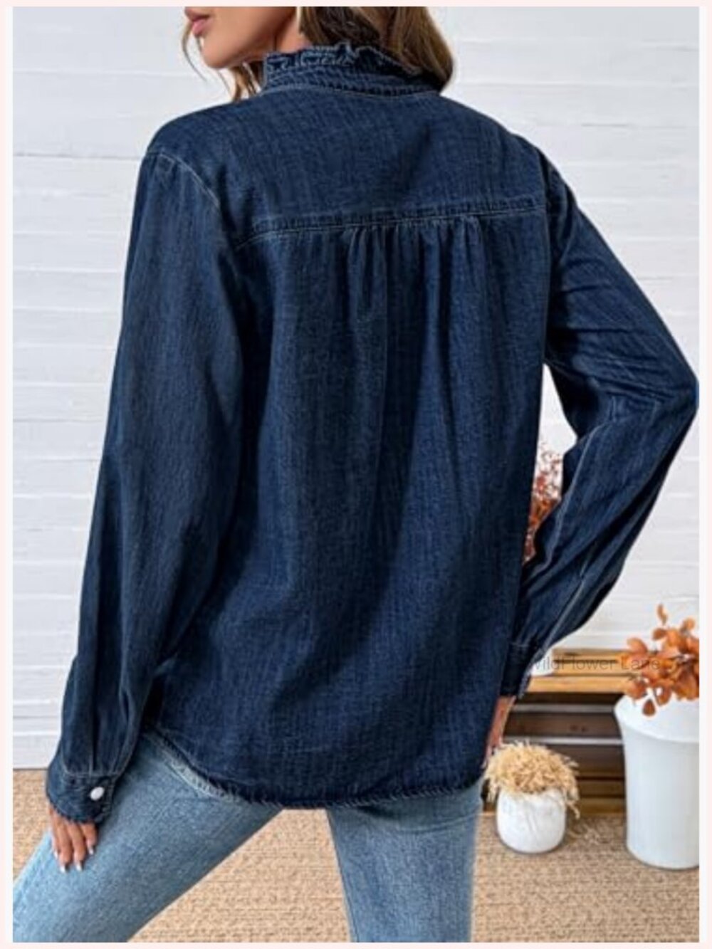 Vintage Denim Button Down Shirt Ruffled Edge Long Sleeve Top - Picture 3 of 7